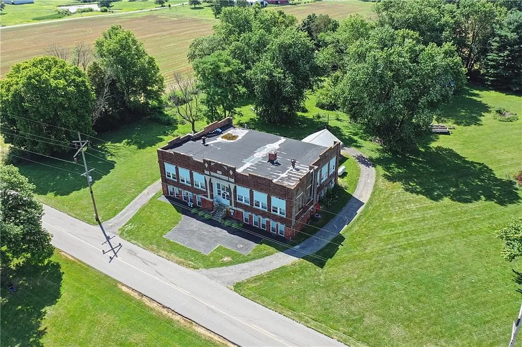 aerial shot of 1900s indiana schoolhouse